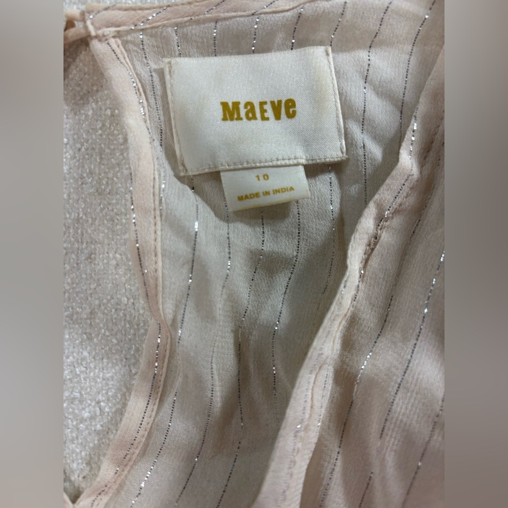 Maeve Anthropologie Sheer Ruffle Blouse Size 10 Cream Metallic Stripe Boho Top - Picture 7 of 7